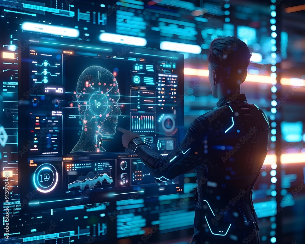 Poster ai powered digital interface with futuristic holographic display and advanced analytics dashboard