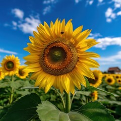 Naklejka premium Vibrant sunflower standing tall against a bright blue sky, showcasing nature's beauty in a sunny field.