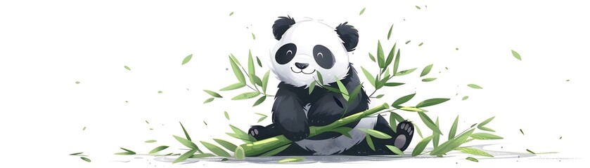 Adorable Cartoon Panda Eating Bamboo Sitting Cross Legged with Cheerful Smile on White Background