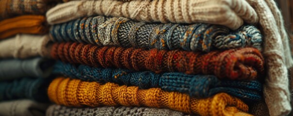 Stack of cozy knitted sweaters, 4K hyperrealistic photo