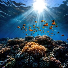 Naklejka premium Vibrant underwater scene showcasing coral and colorful fish illuminated by sun rays, highlighting the beauty of marine ecosystems.