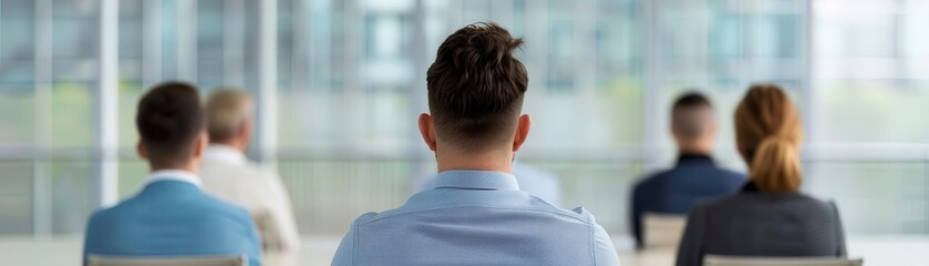 Obraz premium Group of people sitting in a modern conference room, viewed from behind, attending a business meeting or seminar.