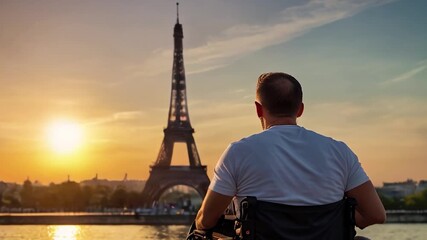 Man in Wheelchair Admiring the Eiffel Tower at Sunset in Paris - Powered by Adobe