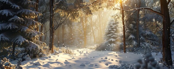 Snow-covered forest with sunlight, 4K hyperrealistic photo