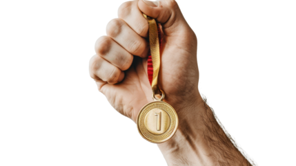Holding old medal on transparent background