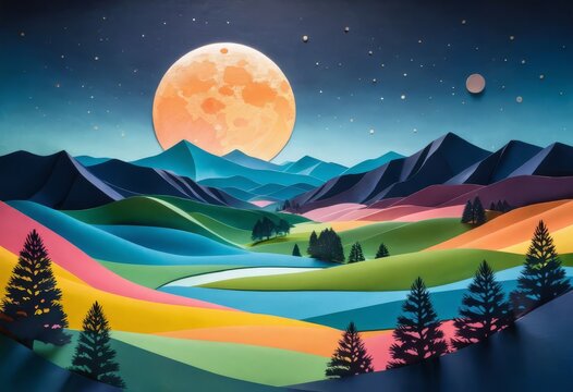 Moonlit Mountainscape with Silhouetted Trees and Hills