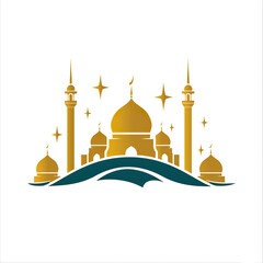 Golden Mosque with Minarets and Stars on a Blue Hilltop, generative ai image