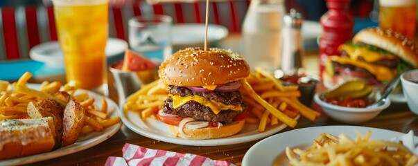 Naklejka premium Retro diner menu with classic American dishes, 4K hyperrealistic photo