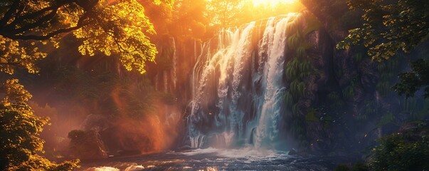Fototapeta premium Powerful waterfall illuminated by the warm glow of the setting sun, 4K hyperrealistic photo