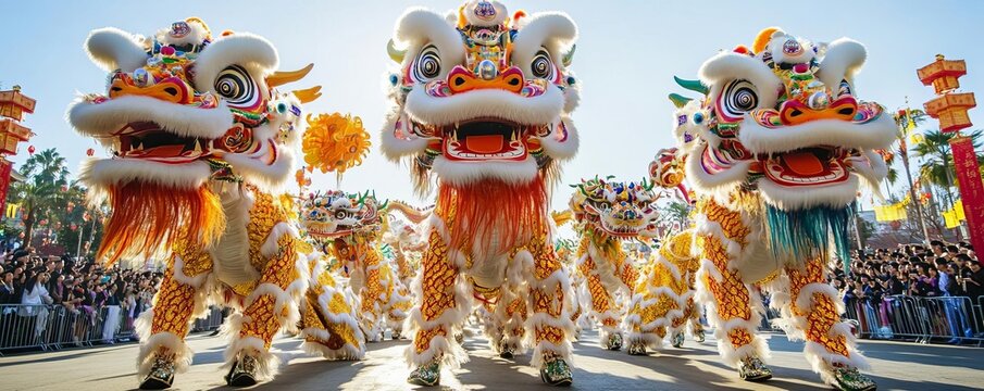 A vibrant Lunar New Year parade with modern interpretations of traditional dragon costumes