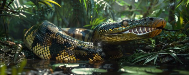 Obraz premium Powerful anaconda in the jungle, 4K hyperrealistic photo