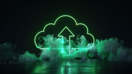 Cloud upload symbol in neon green against a dark background with swirling fog