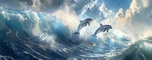 Playful dolphins jumping through the waves, 4K hyperrealistic photo