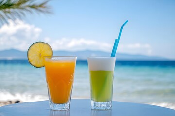 Obraz premium Juice and cocktail with the sea in the background