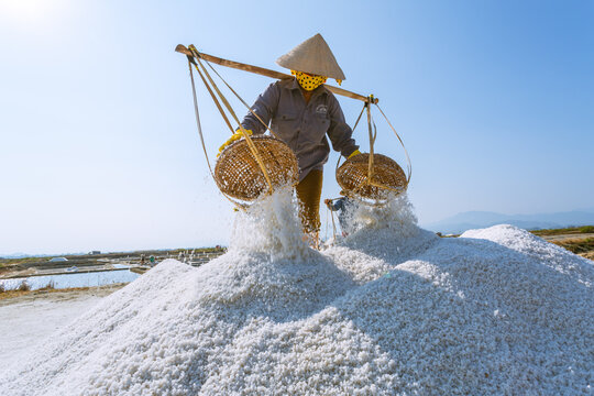Vietnamese worker carrying salt, Nah Trang, Vietnam