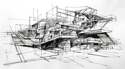 Obraz premium The Fascinating World of Abstract Architectural Drawings: A Blend of Creativity and Innovation. Showcasing Unconventional Designs and Inspiring Spatial Concepts.