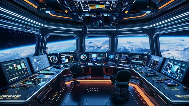Step inside a high-tech control room featuring advanced technology and breathtaking views of Earth from space