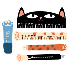 Cute stationery, rulers, markers, stationery knife. Clip art, sticker