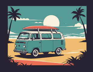 Vintage summer surf poster with a mini van vector illustration