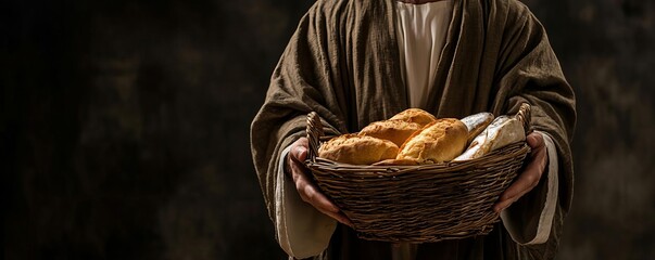 Basket of Bread and Fish Person in robes holding a basket with bread and fish, dramatic background