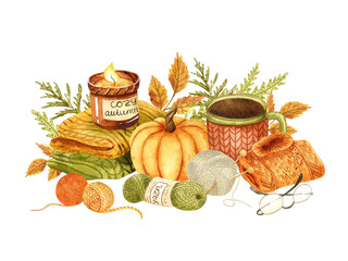 Watercolor cozy autumn illustration. Hand painted element for handmade design.