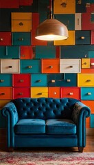 Vibrant and colorful storage room with blue velvet sofa and hanging light fixture