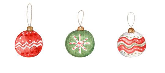 Watercolor Christmas illustrations in cartoon style. Cute Christmas tree balls for sweet holidays vibe