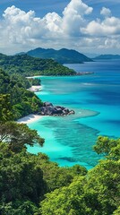 A panoramic view of a tropical island with turquoise waters, white sandy beaches, and lush vegetation