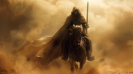 A female Arab warrior in dress and riding a horse