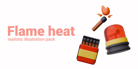 Flame heat. 3D matchbox, red signal alarm lamp, lit match. Attention, danger