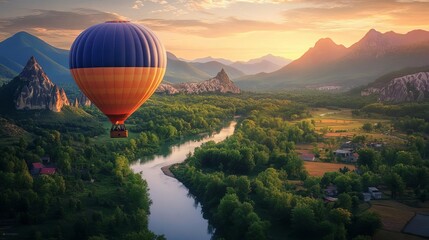 Fototapeta premium A tranquil scene of a hot air balloon floating over a picturesque landscape with mountains, forests, and rivers at sunrise