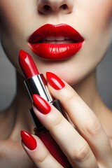 Naklejka premium Close-Up of Woman Applying Red Lipstick with Matching Red Nails