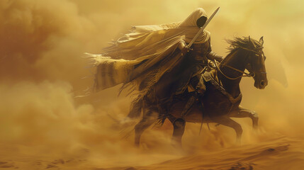 A female Arab warrior in dress and riding a horse