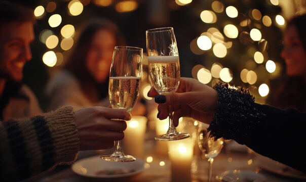 Celebratory Toast with Champagne and String Lights in Warm Evening Glow