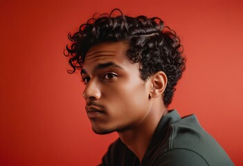 Obraz premium Young Man with Curly Hair and Beard, Staring Directly at Camera, Against Red Background