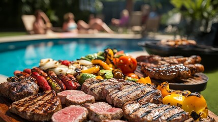 Backyard BBQ with a variety of grilled meats and vegetables on a table, people relaxing by the pool in the background