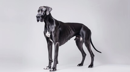 Big black great dane with white chest markings posing in a photography studio against a gray backdrop