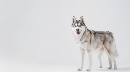 Beautiful siberian husky dog is standing on a white background, looking alert and friendly