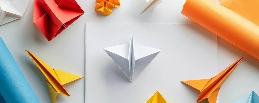 Isolated origami paper and instructions on white background, 4K hyperrealistic photo