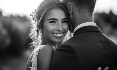 Happy Couple Embracing on Wedding Day in Black and White