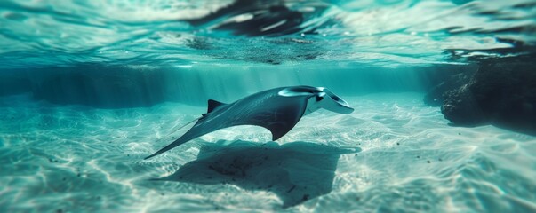 Obraz premium Graceful manta ray gliding through clear waters, 4K hyperrealistic photo