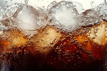 Pouring of Cola and Ice. Cola soda and ice splashing fizzing or floating up to top of surface. with generative ai