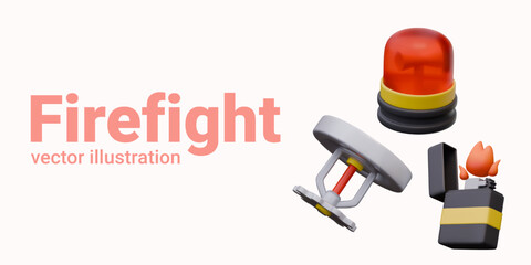 Realistic sprinkler, lighter with fire, red emergency lamp. Set of elements