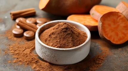 food supplement with sweet potato and cinnamon extract in bottle or capsule packaging