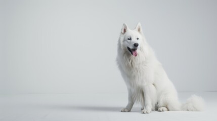 Gorgeous white samoyed dog rests on a white surface and pants after some playtime