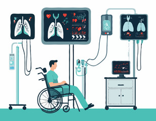 Medical equipment, ventilators on wheelchairs, screens showing patient vital signs Artificial lung at the end of the tube. Critically ill patients Life Support or Resuscitation