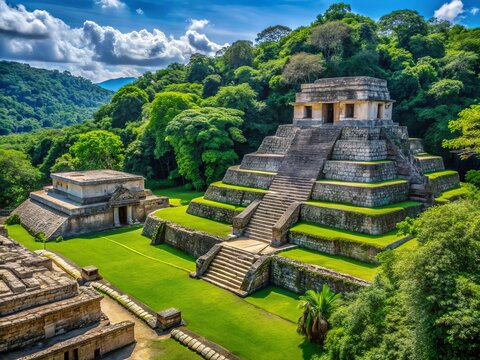 Ancient Mesoamerican ball court surrounded by lush jungle foliage and majestic pyramidal structures in the archaeological site of Palenque, Chiapas, Mexico.