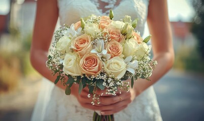 Bridal Bouquet of Roses and Baby's Breath in Soft Pastel Colors
