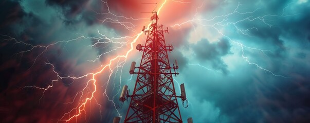 Fierce lightning bolts striking a tall radio tower, 4K hyperrealistic photo
