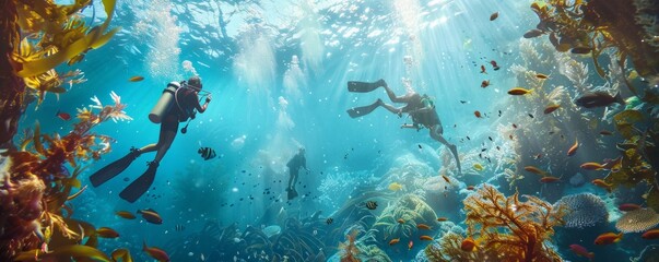 Family exploring a vibrant underwater world while scuba diving in a kelp forest, 4K hyperrealistic photo